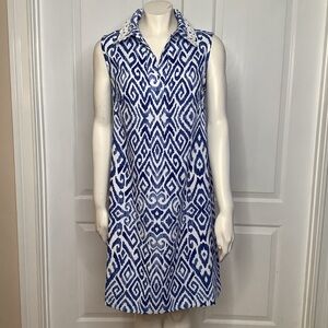Pappagallo Blue & White Geometric Sleeveless Retro A-Line Dress Trimmed Collar